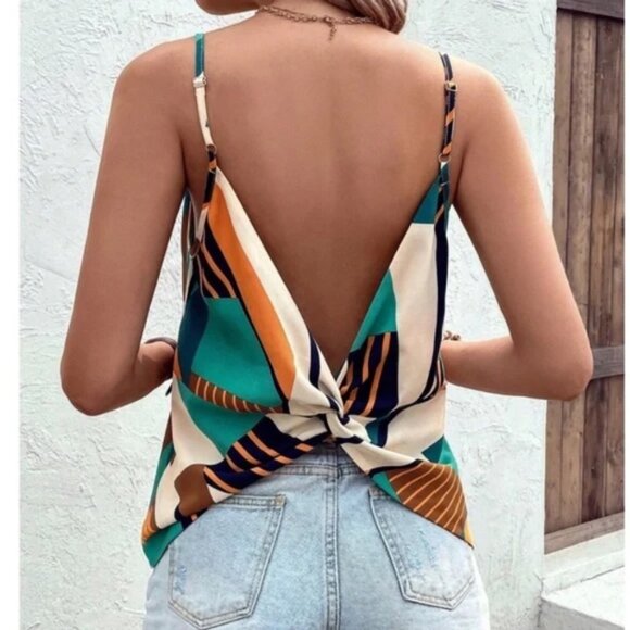 Boho Geo Print Backless Twist Back Cami Top - Picture 1 of 8